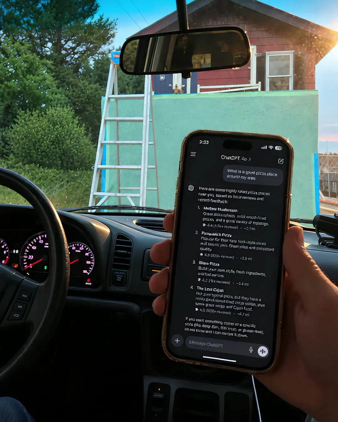 A driver checking an AI answer about local pizza places on his phone