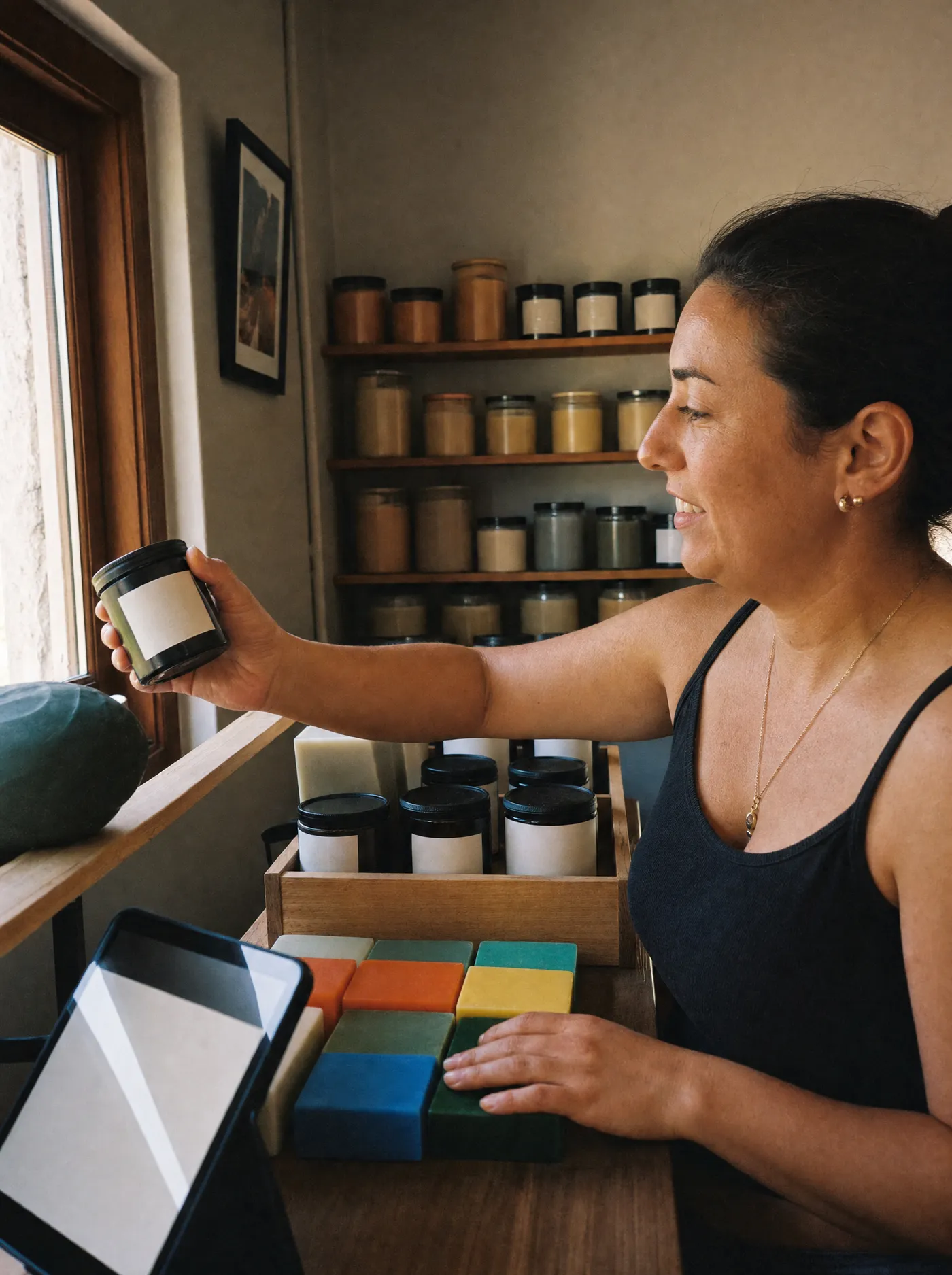 A boutique owner arranging handmade soaps and candles on a shelf