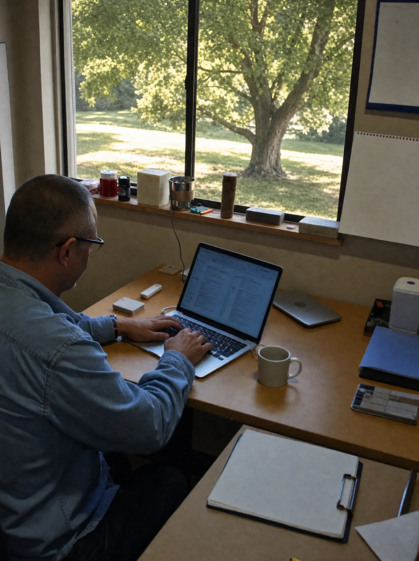 A supply yard owner reviewing a dashboard on a laptop in his office